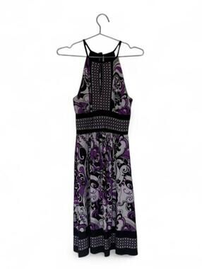 Roulette purple, black, and white paisley print midi dress